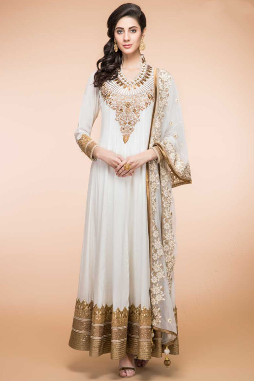 Off White Crepe And Silk Anarkali Churidar Suit