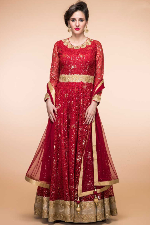Red Net Eid Anarkali Churidar Suit With Dupatta
