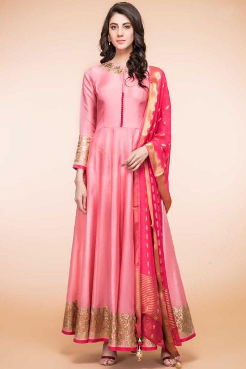 Pink Silk Anarkali churidar Suit With Fancy Zari Dupatta