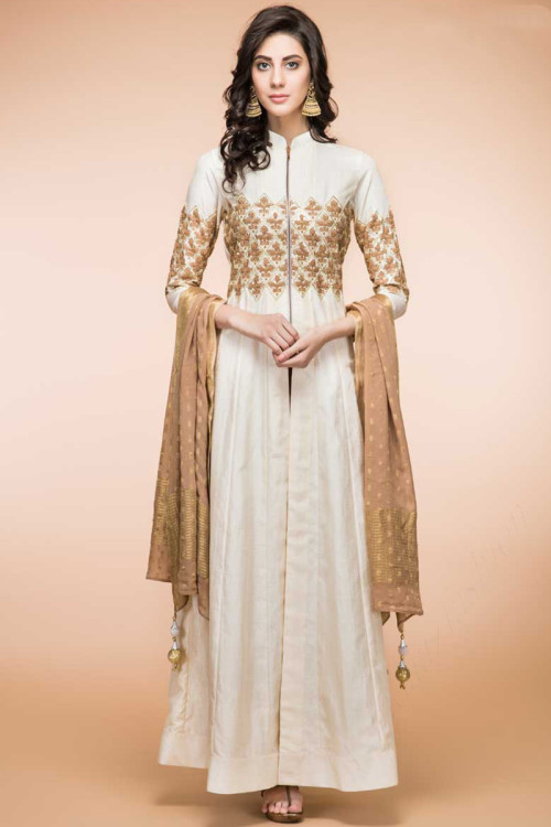 Cream Rayon Silk Eid Anarkali Churidar Suit With Fancy Zari Dupatta