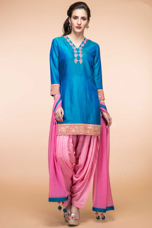 Deep Azure Blue Banglori Silk Eid Patiala Suit With Net Dupatta