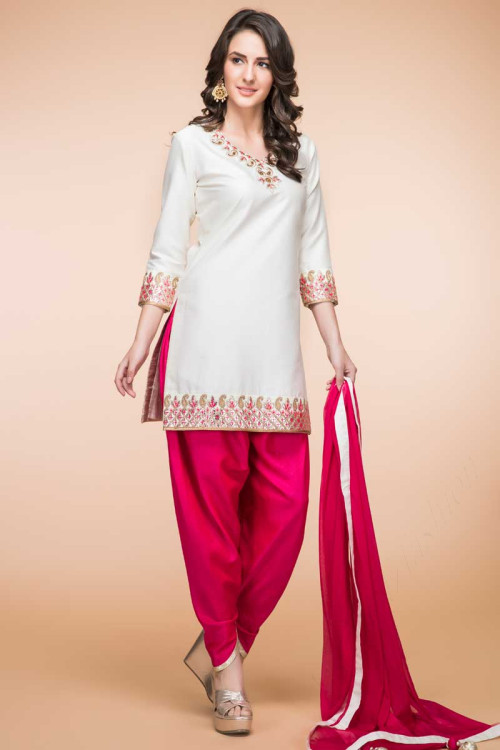 White Silk and Taffeta Eid Patiala Suit With Dupatta