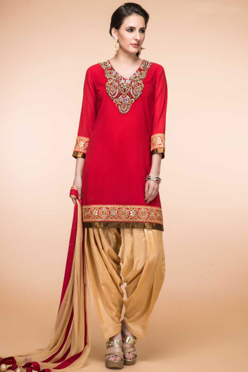 Red Georgette Eid Patiala Suit With Net Dupatta