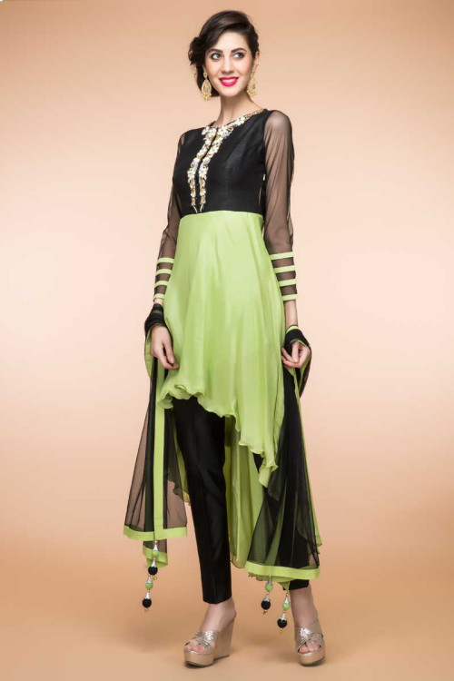 Green Crepe Straight Pant Suit With Dupatta