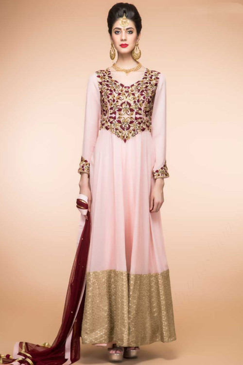 Pink Crepe And Silk Eid Anarkali Churidar Suit With Dupatta