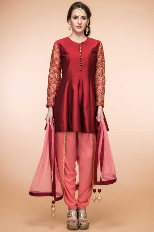 Maroon Taffeta Silk Dhoti Patiala Suit With Dupatta for Eid