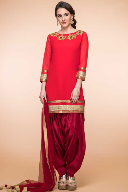 Red Georgette Eid Patiala Suit With Dupatta