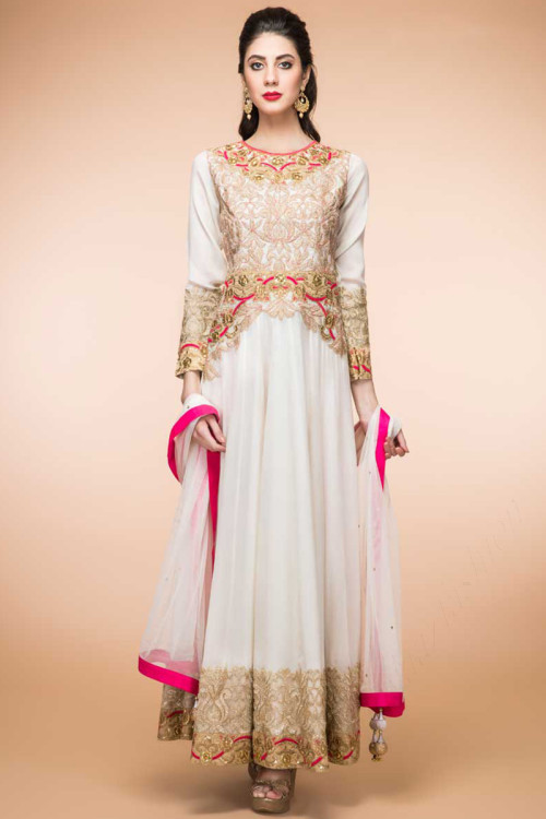 White Crepe And Silk Anarkali Churidar Suit With Dupatta