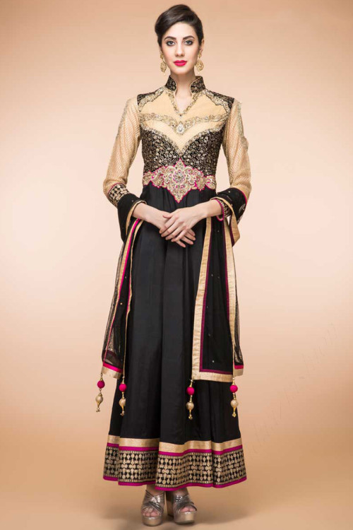 Black Crepe And Silk Anarkali Churidar Suit With Dupatta