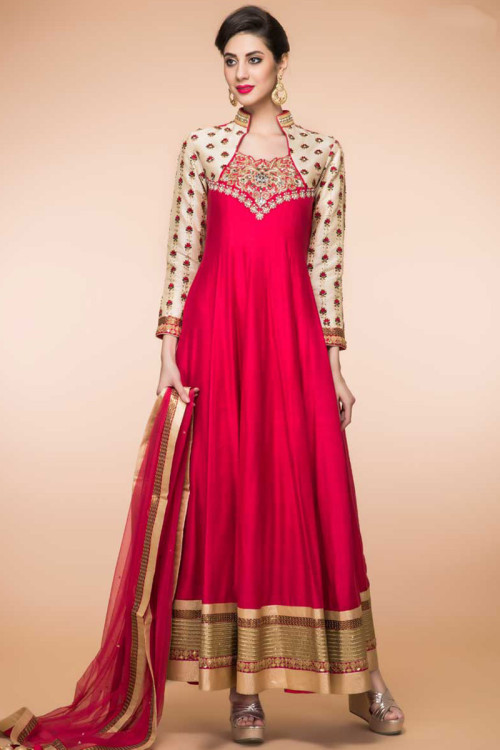Dark Pink Silk Anarkali Churidar Suit With Dupatta