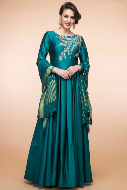 Green Silk And Taffeta Anarkali Churidar Suit With Zari Dupatta
