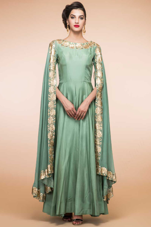 Mint Green Silk Eid Anarkali Churidar Suit