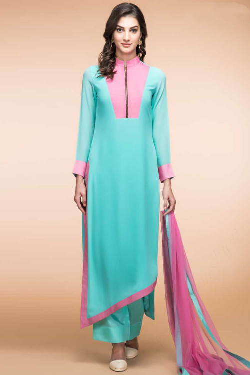 Turquoise Georgette Eid Straight Pant Suit With Dupatta