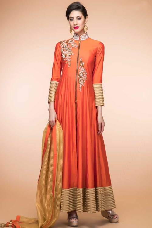 Orange Silk Anarkali Suit With Dupatta