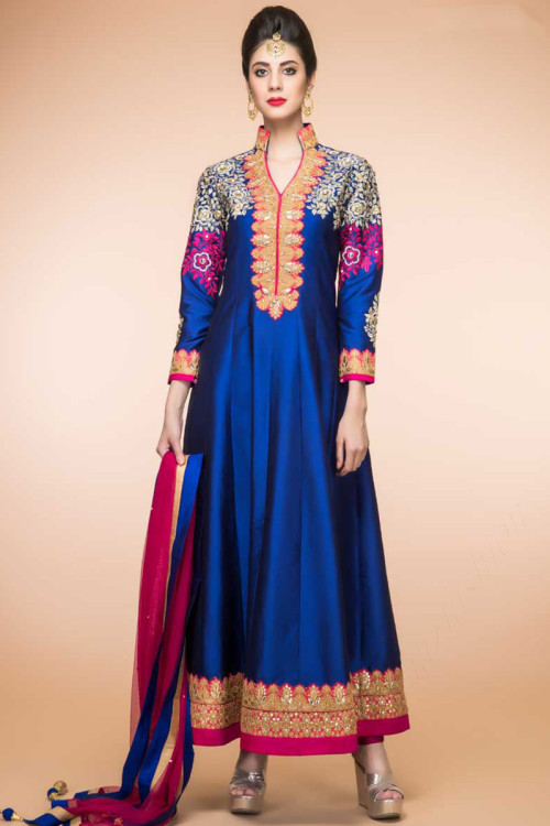 Electric Blue Taffeta Silk Anarkali Churidar Suit With Dupatta