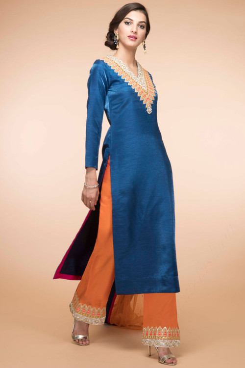 Sea Blue Banglori Silk Eid Trouser Suit With Dupatta