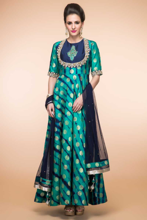 Blue With Green Silk Anarkali Churidar Suit With Dupatta