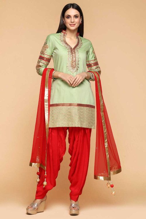 Cotton And Silk Patiala Suits In Celadon Green Color
