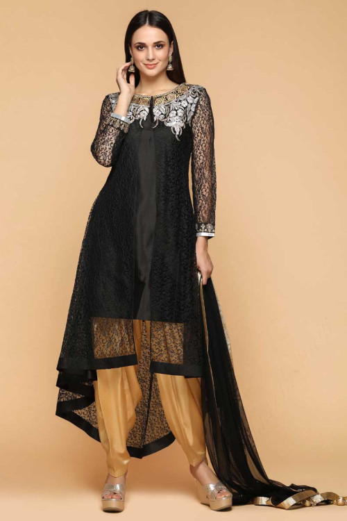 Silk Patiala Suit In Black With Gold Color
