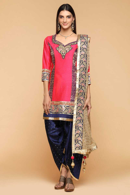 Pink Art Silk Embroidered Patiala Suit for Eid