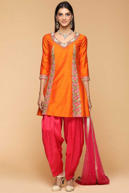 Pantone Orange Banglori Silk Embroidered Eid Patiala Suit