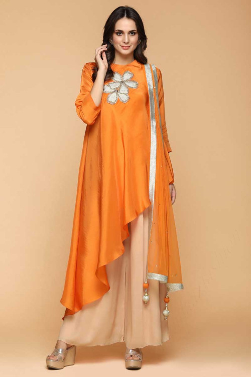 Resham Embroidered Silk Pumpkin Orange Palazzo Pant Suit for Eid