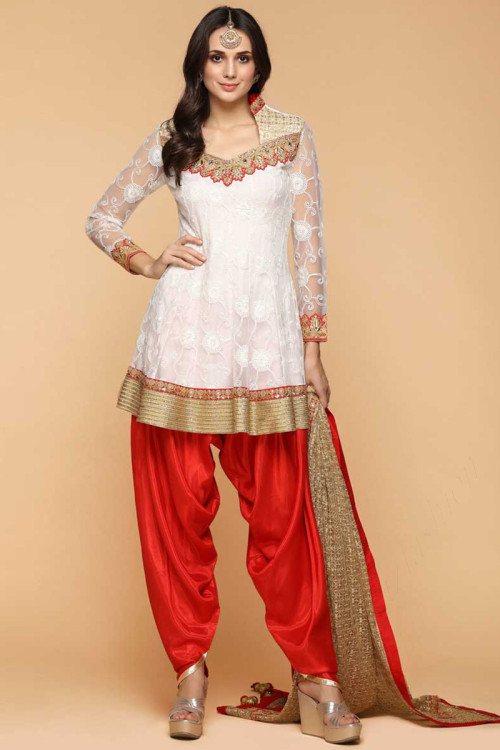 Lovely Chicken Net Patiala Suits In White Color