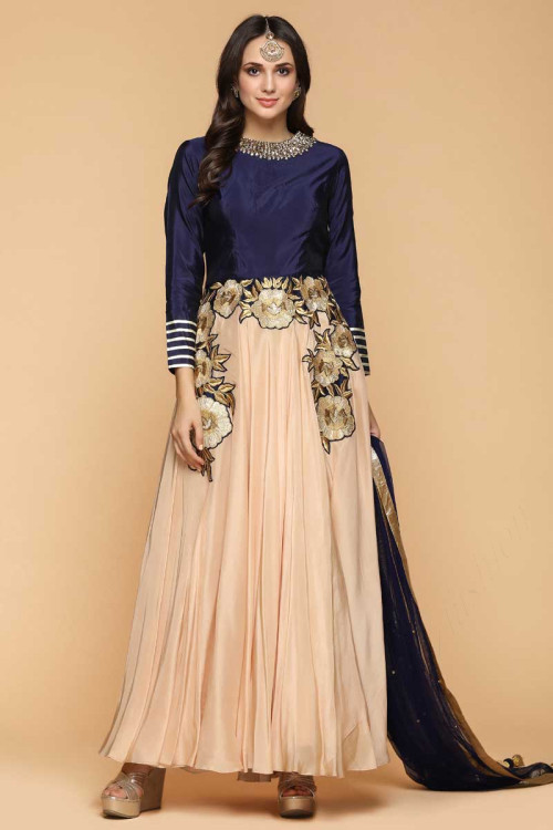 Zari Embroidered Silk Navy Blue And Beige Anarkalii Suit for Eid