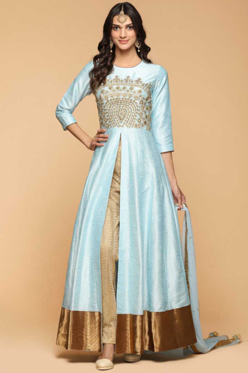 Light Blue Silk Anarkali Suit With Resham Work