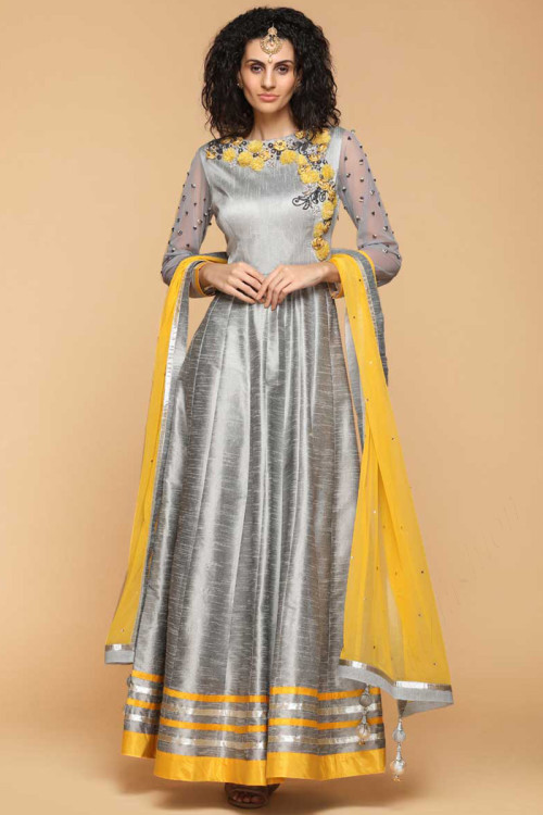 Grey Art Silk Anarkali Suit With Resham Work