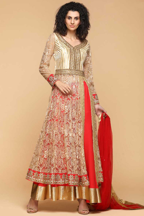 Beige And Candy Red Net Embroidered Anarkali Suit