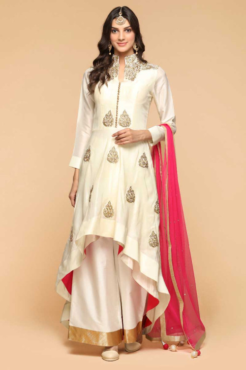Zari Embroidered Off white Silk Palazzo Pant Suit