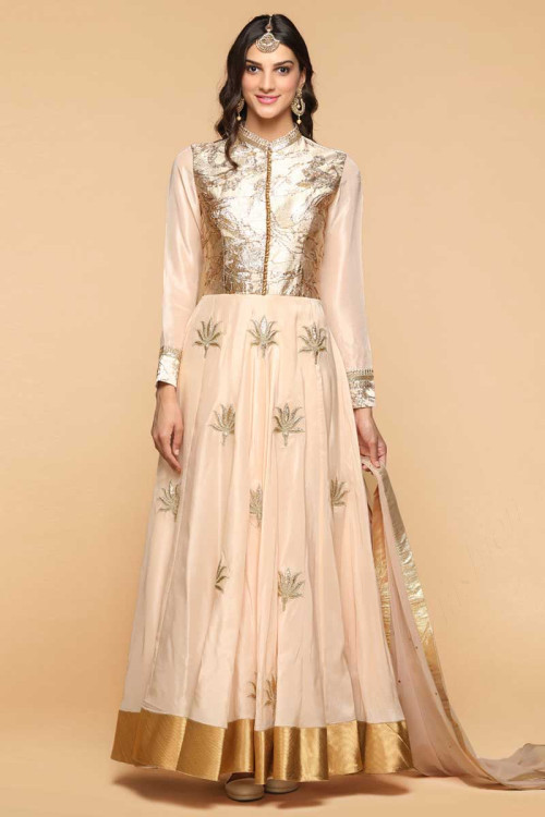 Beige Silk Embroidered Anarkali Suit for Eid