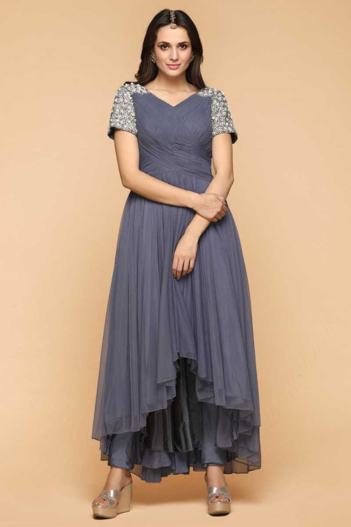 Coin Grey Silk Embroidered Anarkali Suit