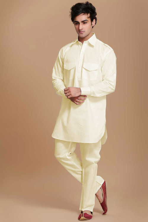 Cream Mens Ethnic Kurta Pyjama for Eid