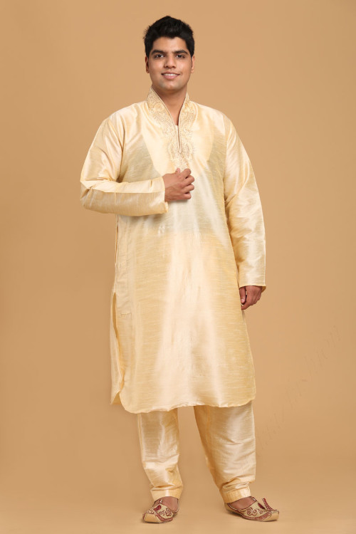 Beige Dupion Silk Pathani Suit for Eid