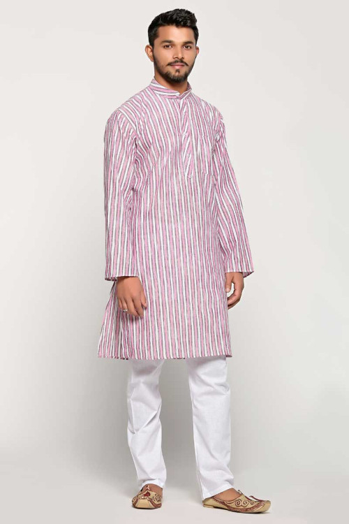 White with Pink Strips Men Kurta Pajama Online