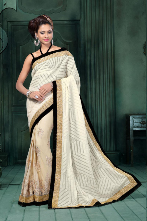 Beige and white Net Saree With Velvet Blouse