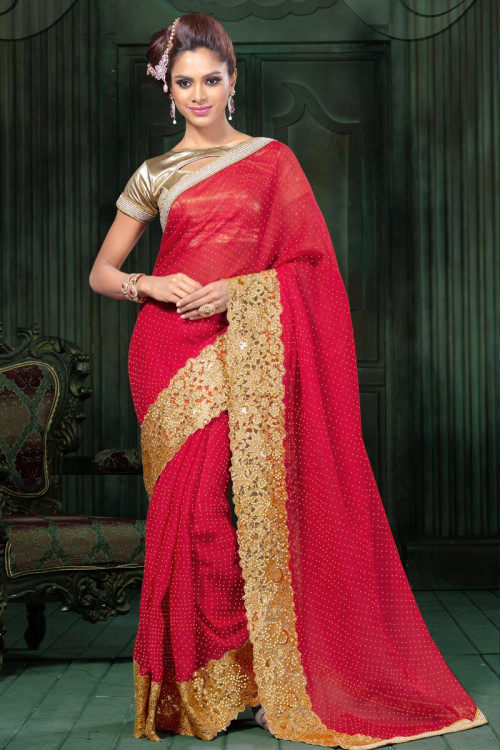Red Net And Art Silk Saree With Art Silk Blouse