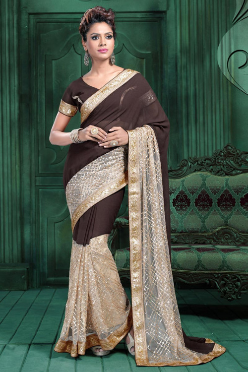 Coffee, cream Net Saree With Georgette Blouse