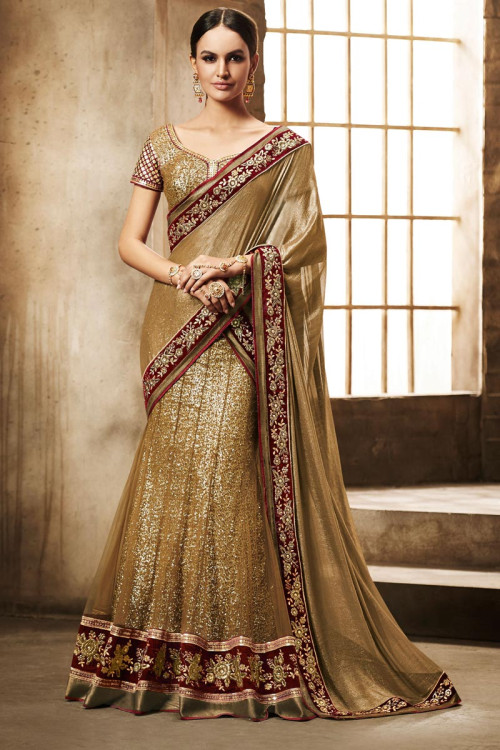 Beige Chiffon and net Saree With Dupion Blouse
