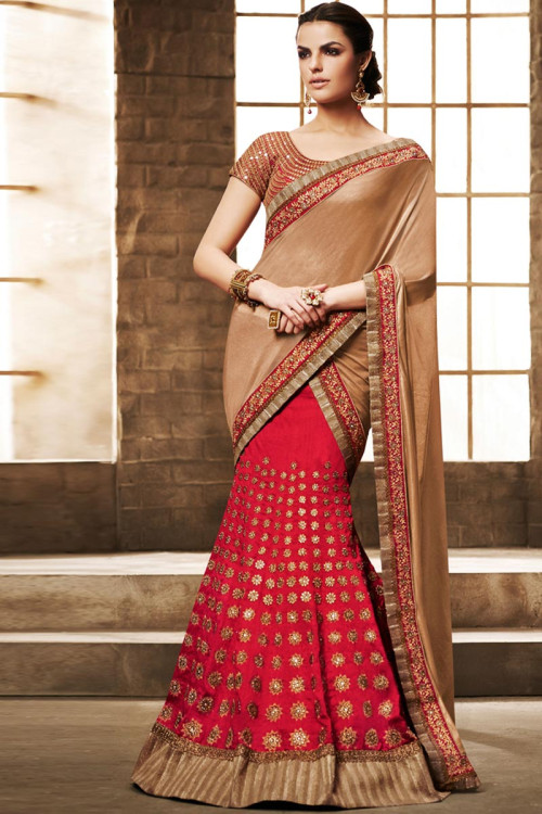 Beige and red Art silk Saree With Art silk Blouse
