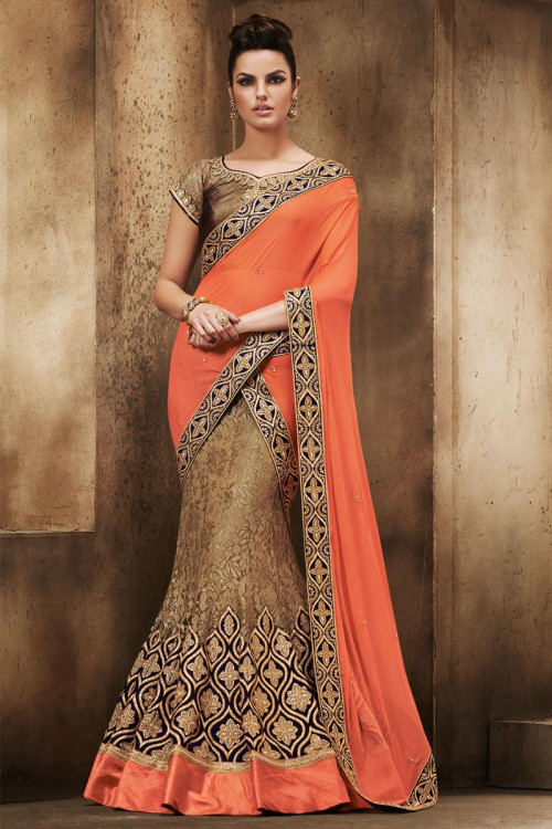 Brown and orange Chiffon and net Saree With Art silk Blouse