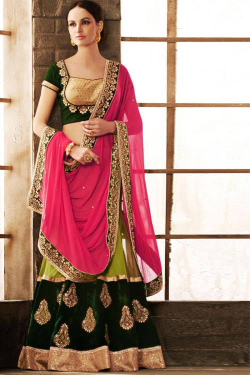 Parrot green green and pink Chiffon net and velvet Saree With Dupion Blouse