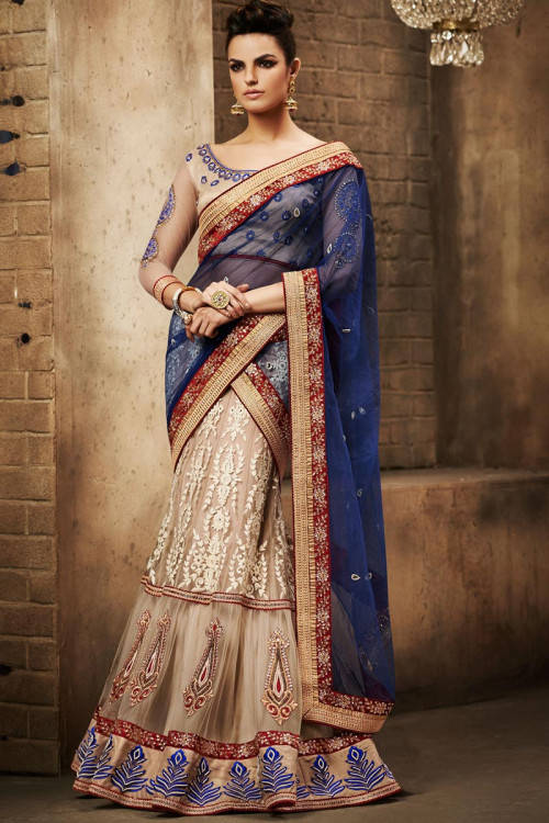 Beige and blue Brasso and net Saree With Art silk Blouse