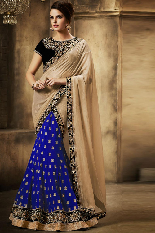 Beige and blue Chiffon and georgette Saree With Velvet Blouse