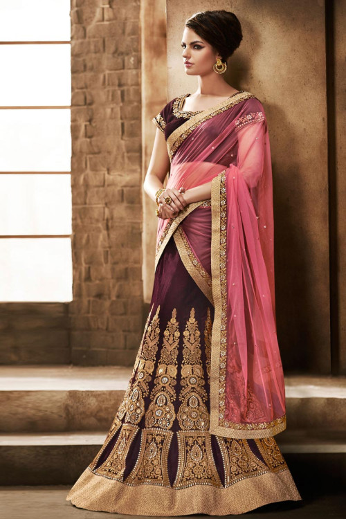 Coffee Pink Net And Velvet Saree With Velvet Blouse
