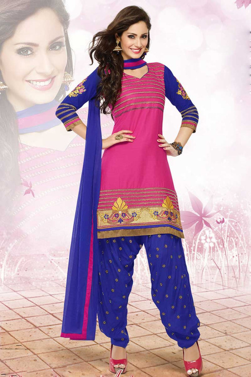 Blue and Rani Cotton patiala Suit