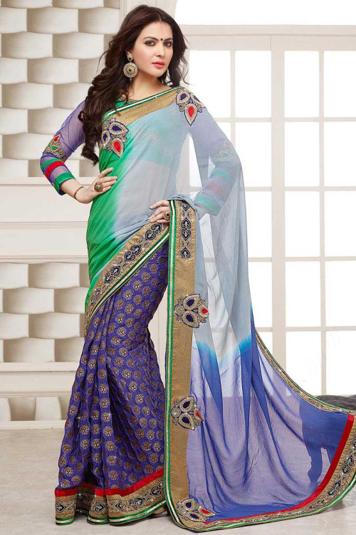 Blue Green with Grey and Multicolor Georgette Saree