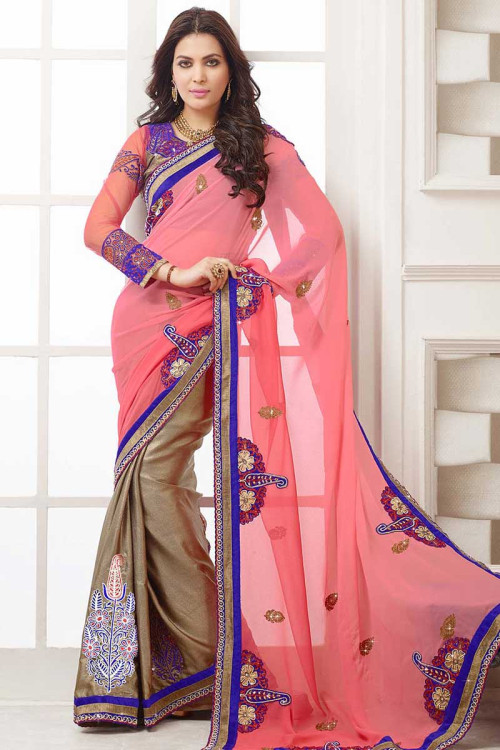 Gold with Pink Georgette Saree